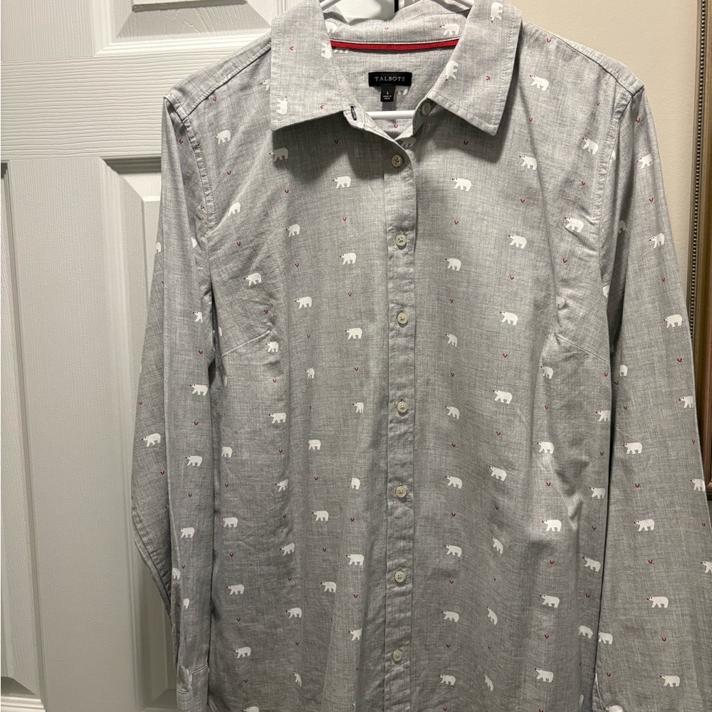 Talbots Gray and White Bear Print Women’s button down shirt